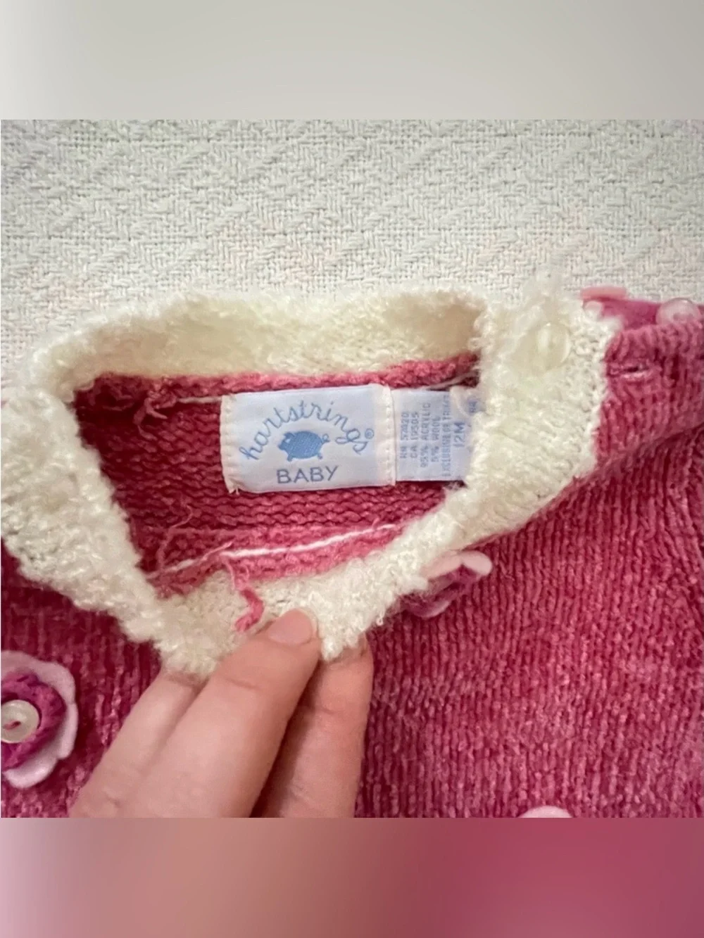 Hartstrings Baby Vintage Pink Chenille Sweater Poodle Appliqué Floral Accents